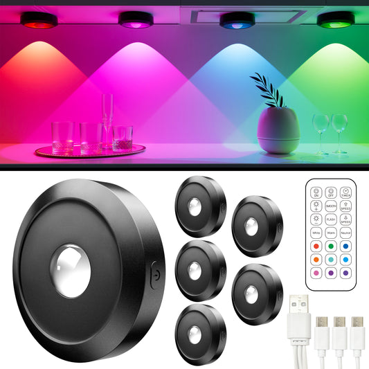 ERSDGG 6 Pack Zum Mini Spot LED Puck Lights - 1500mAh Rechargeable Battery, 12 Colour Lights, dimmable & timed Cabinet Lighting with Remote Control, 3 Lights Modes, Long Battery Life