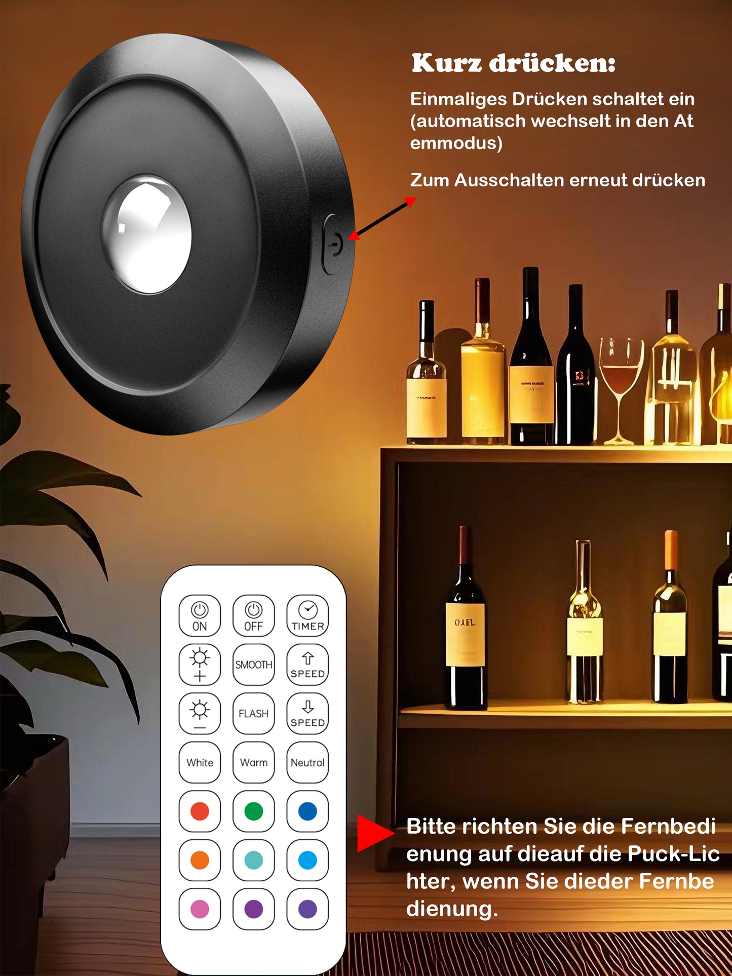 ERSDGG 6 Pack Zum Mini Spot LED Puck Lights - 1500mAh Rechargeable Battery, 12 Colour Lights, dimmable & timed Cabinet Lighting with Remote Control, 3 Lights Modes, Long Battery Life